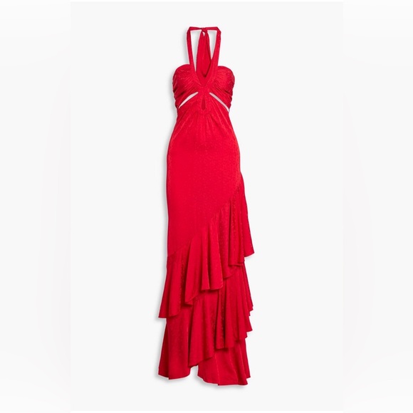 Johanna Ortiz Red Balladist tiered satin-jacquard halterneck maxi dress - Picture 3 of 4